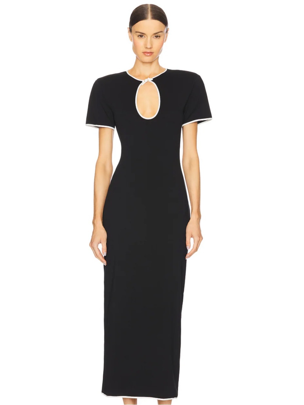 Rowen Rose Black Maxi Dress with Oval Keyhole and Contrast Trim
